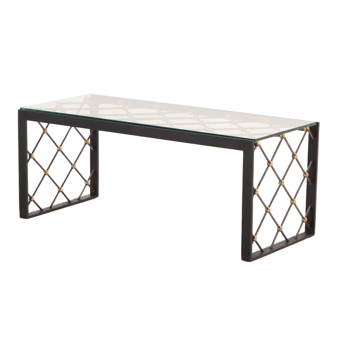 IRON AND BRASS GLASS TOP COFFEE TABLE IN THE MANNER OF JEAN ROYERE. (1 of 3)
