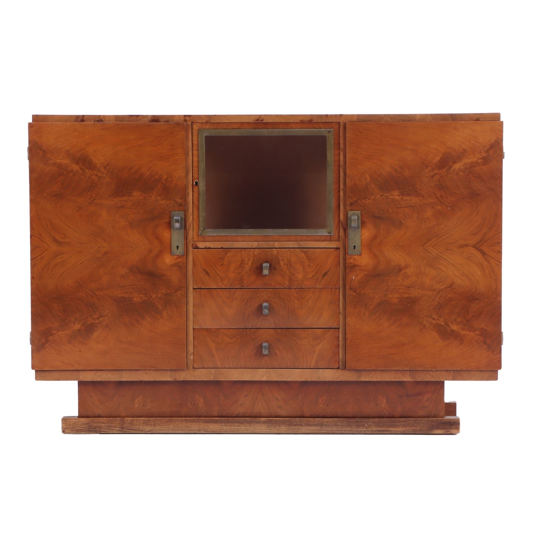 FRENCH ART DECO BAR CABINET IN FLAME WALNUT HAVING A CENTRAL BRASS AND GLASS DOOR OVER THREE DRAWERS (1 of 7)