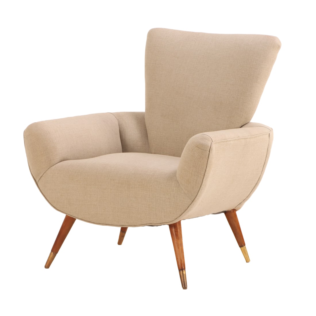 UPHOLSTERED LOUNGE CHAIRS C 1950 HAVING NEW FABRIC.: Upholstered lounge chairs C 1950 having new fabric. Ht: 32.5" Wd: 30" Dpth: 32.5" Seat: 16.5"