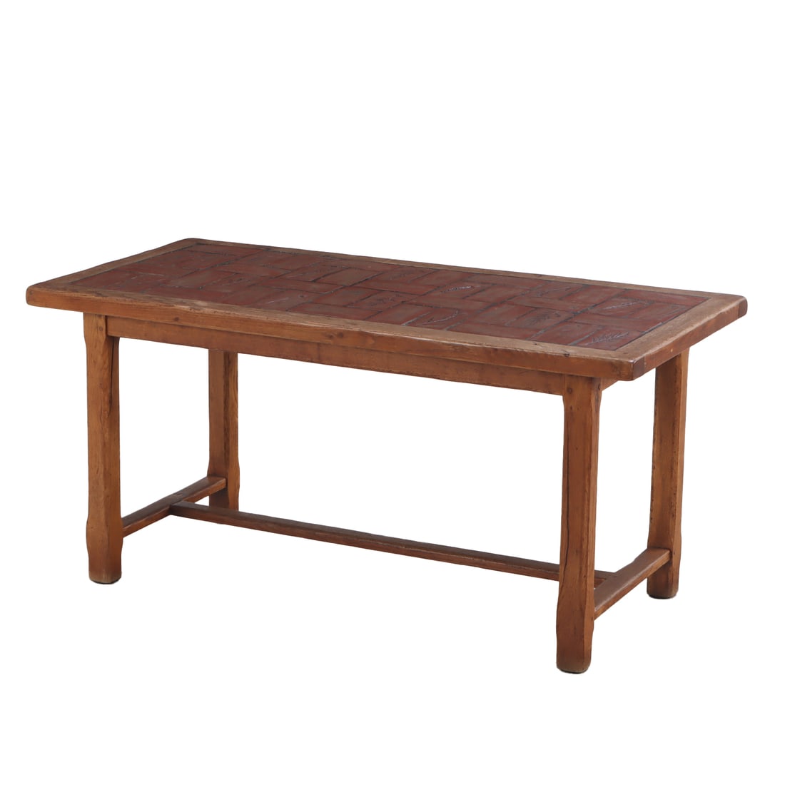 FRENCH OAK AND TILE TABLE WITH STRETCHER BASE AND NATURALISTIC DESIGN C 1960. (1 of 4)