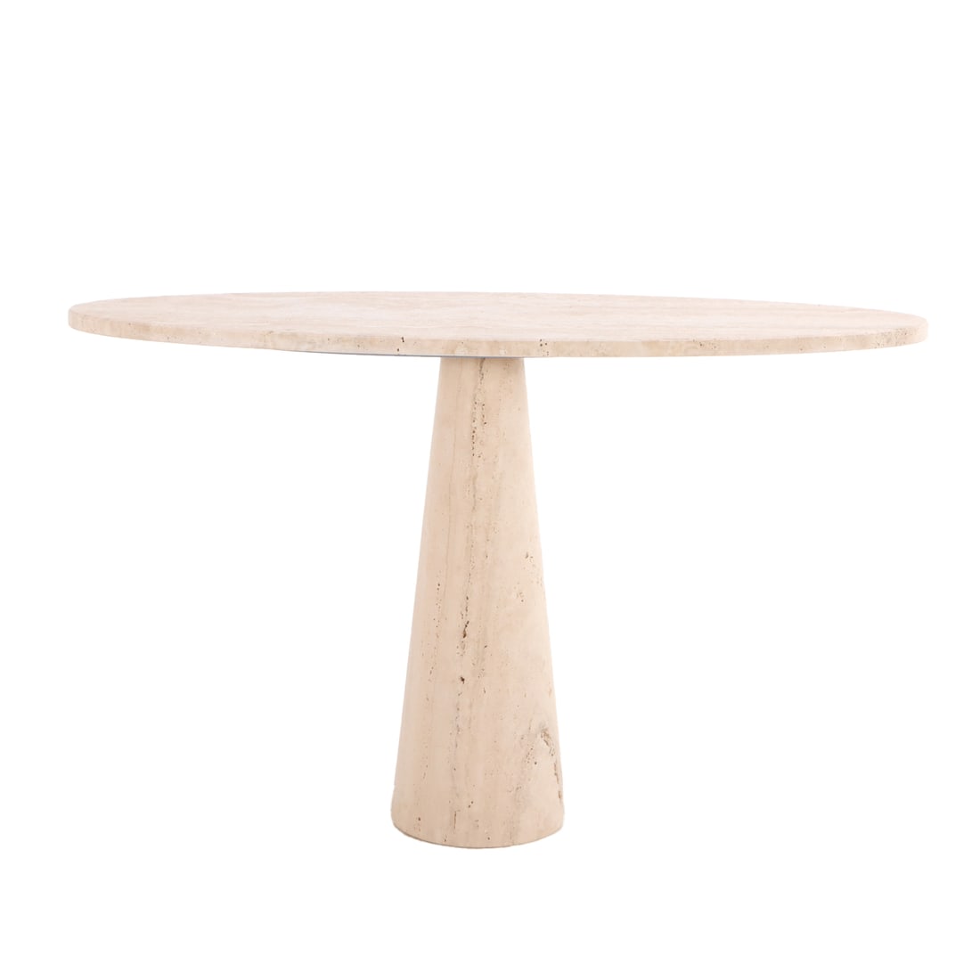 TWO PIECE ITALIAN OVAL TRAVERTINE CONSOLE TABLE ON TAPERED BASE. (1 of 3)