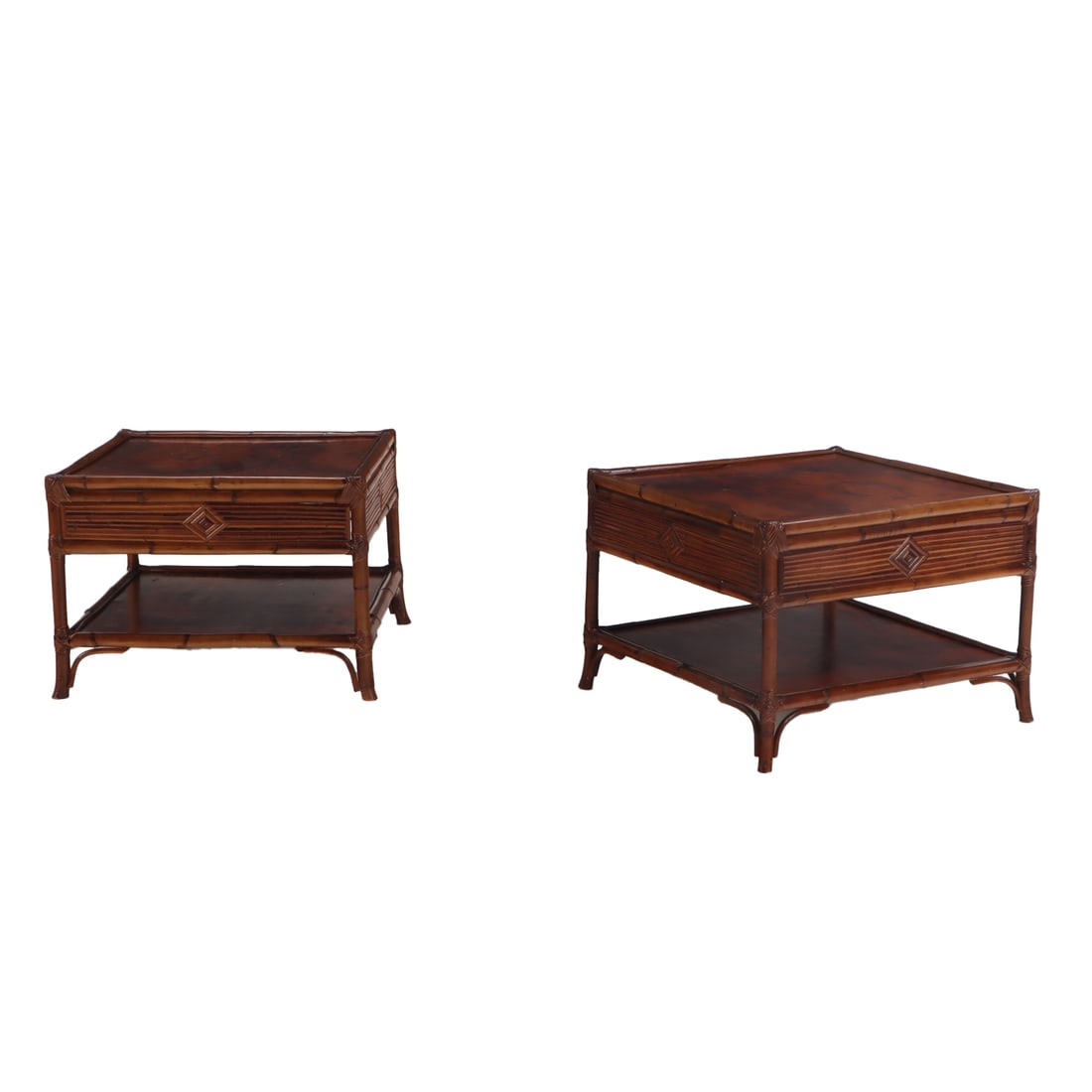 PAIR OF BAMBOO AND BURL WALNUT END TABLES C 1975. (1 of 5)