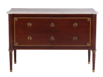 CUSTOM ORDERED JANSEN MAHOGANY BRONZE MOUNTED MARBLE TOP TWO DOOR SERVER IN THE LOUIS XVI STYLE