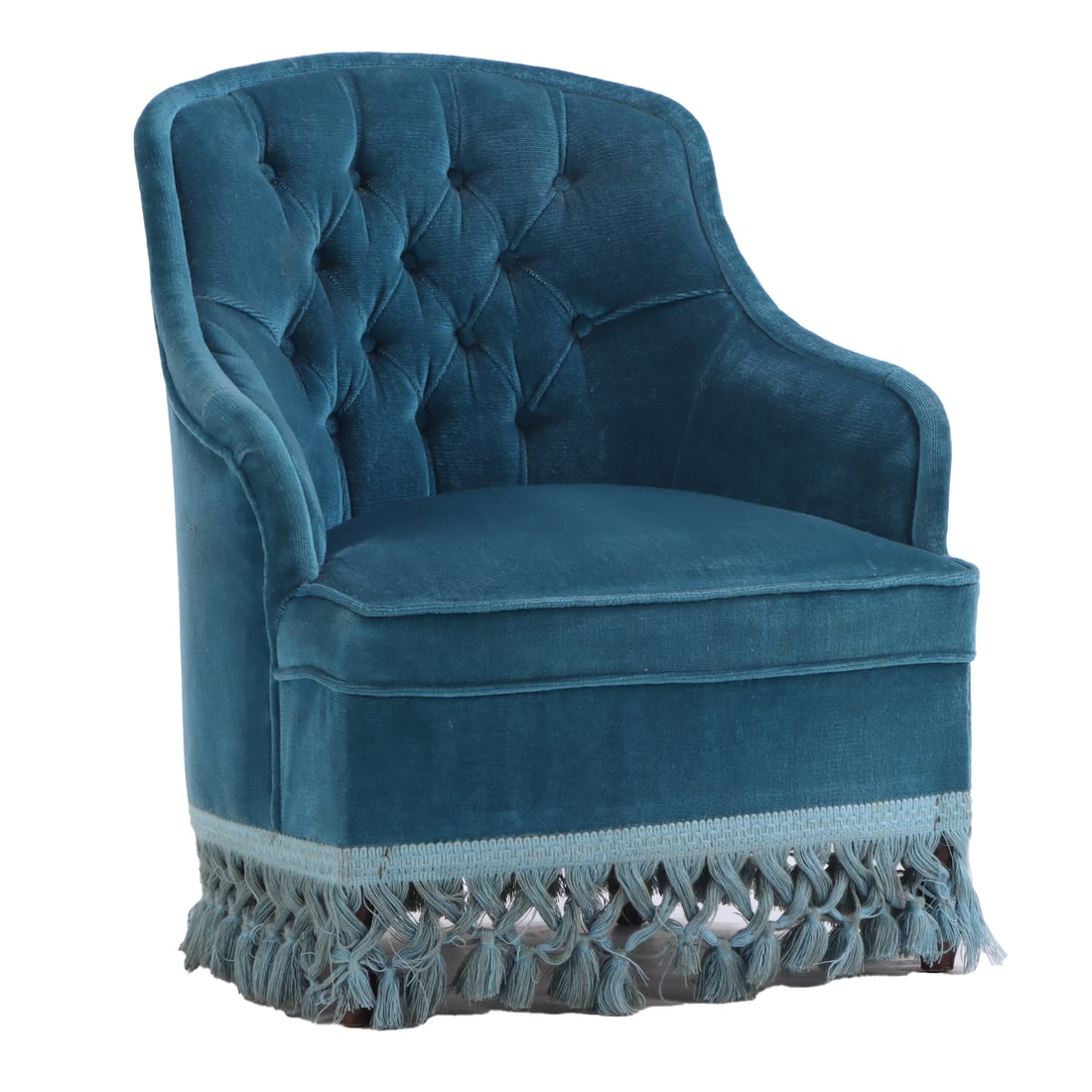 NINETEENTH CENTURY FRENCH WALNUT  LIBRARY CHAIR WITH FRINGE DECORATION AND BUTTON UPHOLSTERY. (1 of 6)