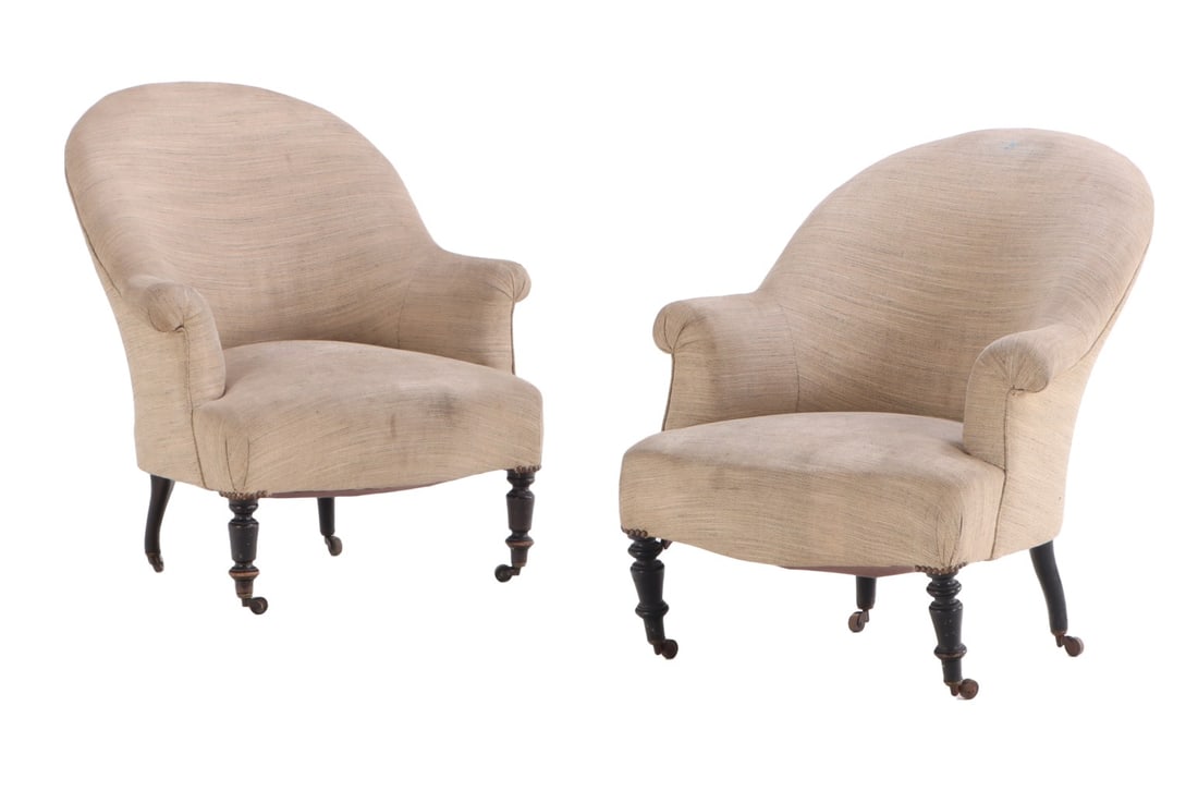 PAIR OF FRENCH NAPOLEON III UPHOLSTERED LIBRARY CHAIRS ON EBONIZED TURNED LEGS C 1860. (1 of 6)