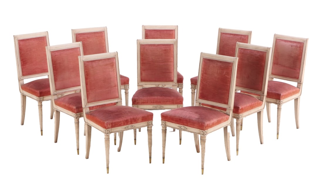 TEN PAINTED AND UPHOLSTERED FRENCH DIRECTOIRE STYLE DINING ROOM CHAIRS C 1940. (1 of 6)