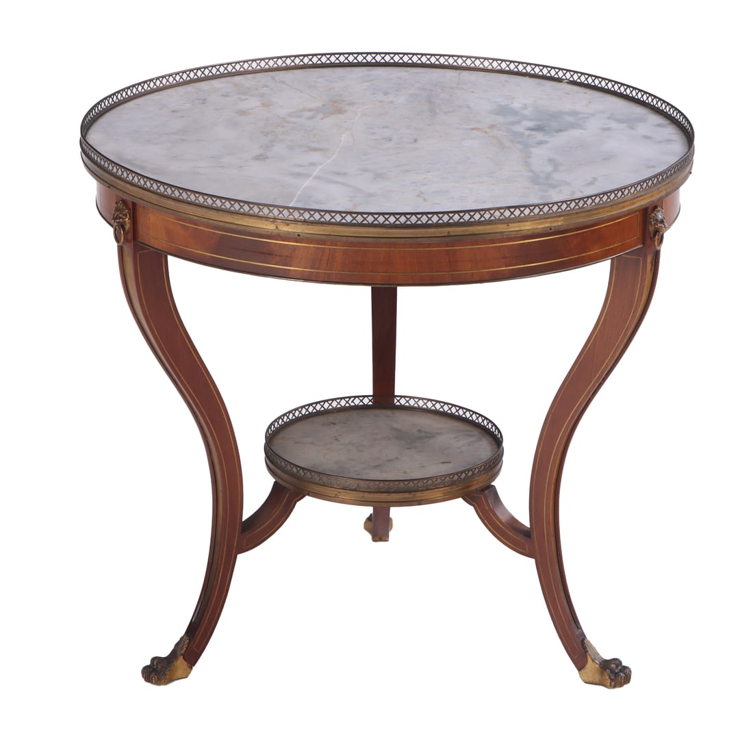 FRENCH DIRECTOIRE STYLE MAHOGANY BRASS INLAID GUERIDON TABLE HAVING TWO TIERS OF MARBLE, A BRASS (1 of 6)