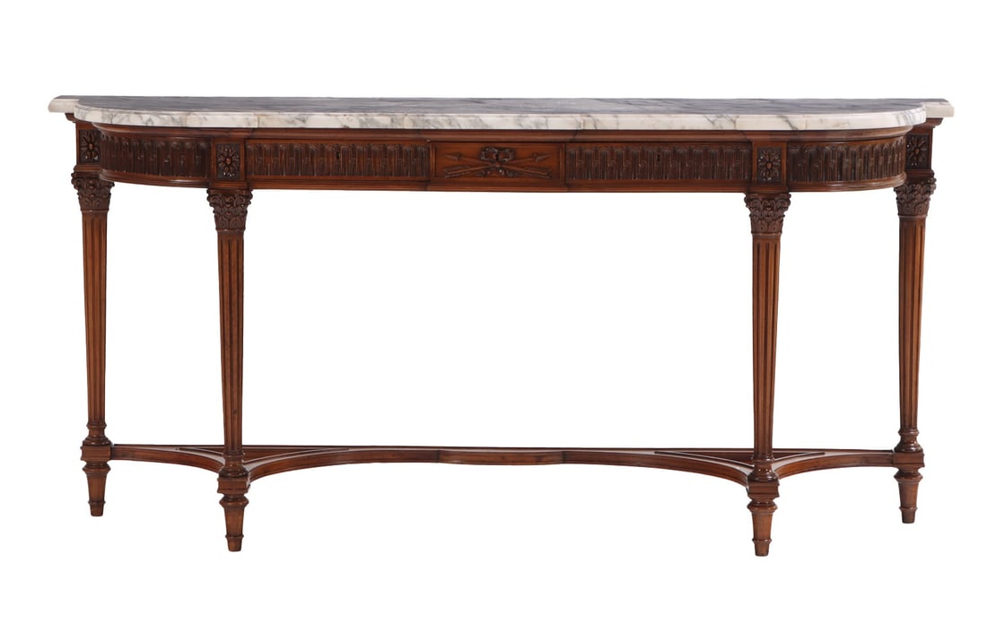 FRENCH CARVED WALNUT MARBLE TOP CONSOLE TABLE C 1940 HAVING THREE DRAWERS AND A FULLY CARVED (1 of 5)