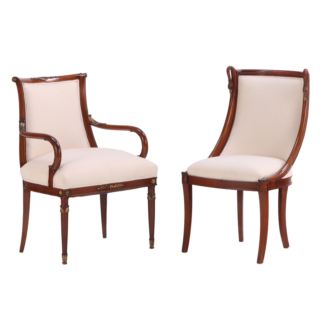 MAHOGANY AND GILT EMPIRE STYLE ARM CHAIR ALONG WITH A SWAN CARVED SIDECHAIR BOTH C 1950. (1 of 8)