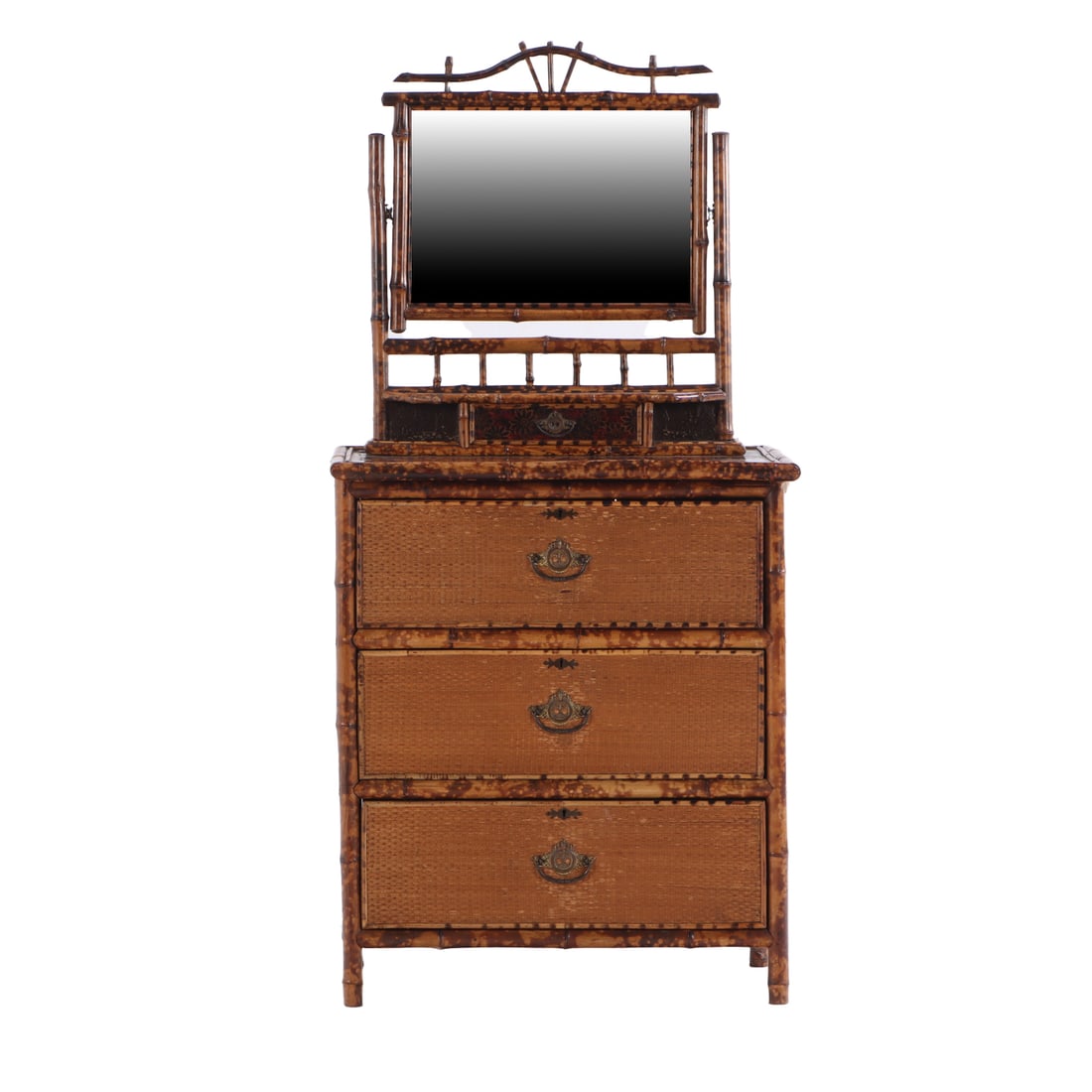 THREE DRAWER DECORATED BAMBOO CHEST OF DRAWERS WITH MIRROR C 1910. (1 of 5)