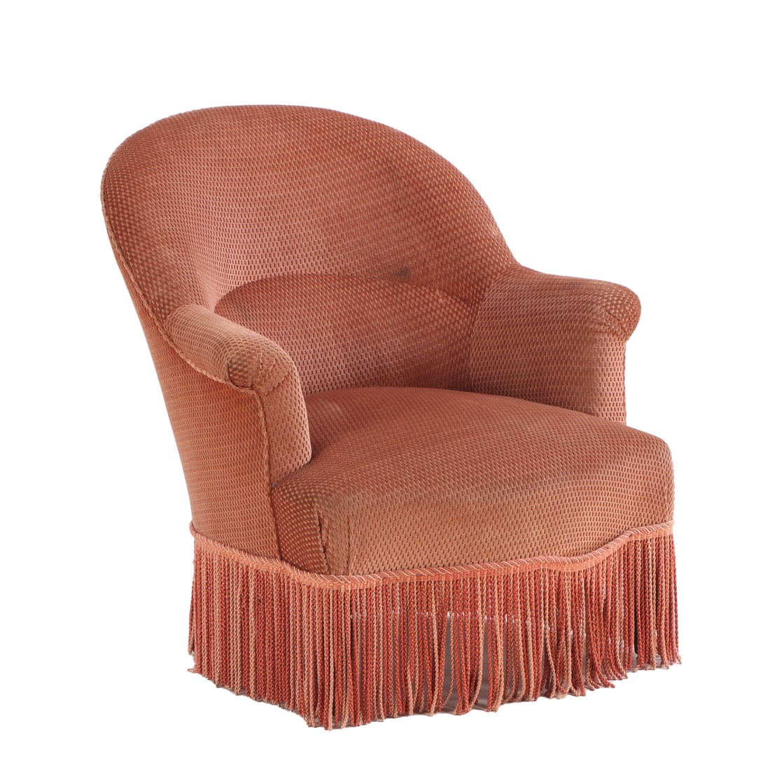 FRENCH NAPOLEON III UPHOLSTERED LOUNGE CHAIR ON EBONIZED TURNED LEGS C 1860. (1 of 7)