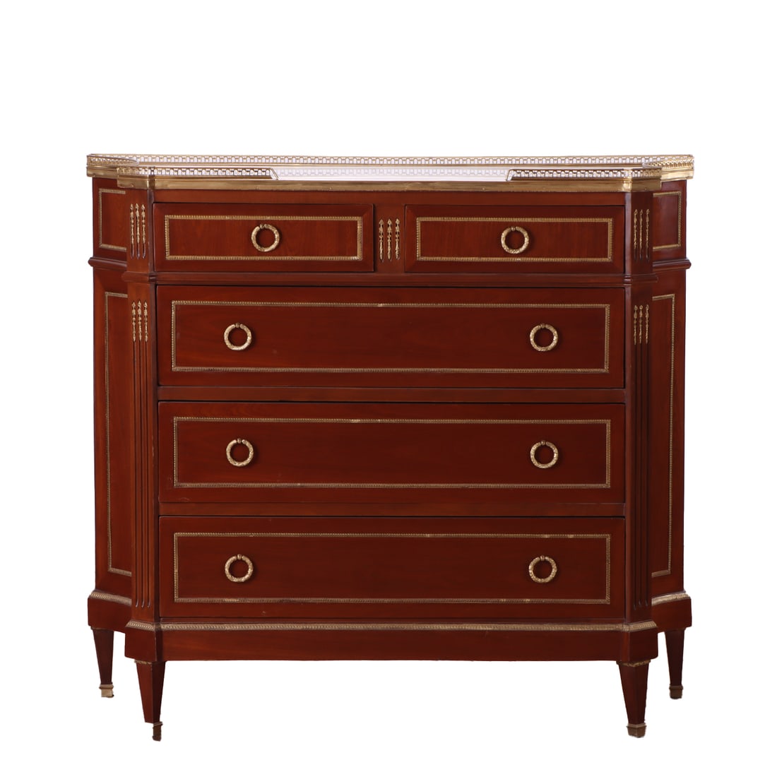 MAHOGANY AND BRONZE MOUNTED LOUIS XIV STYLE MARBLE TOP COMMODE HAVIING A TWO OVER FOUR DRAWER (1 of 4)