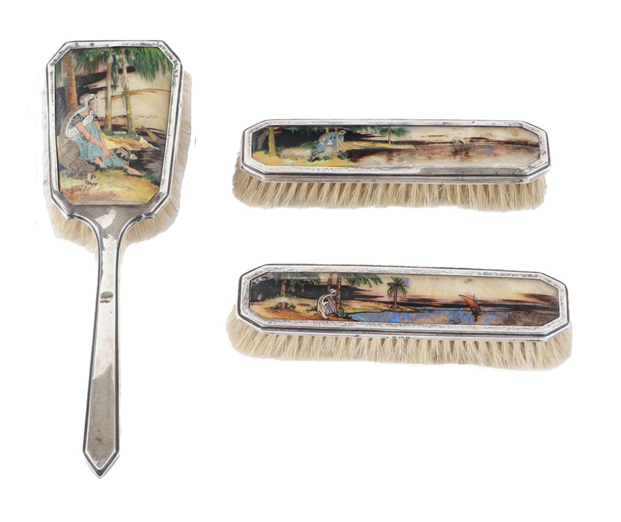 A THOMAS L. MOTT ART NOUVEAU STERLING SILVER THREE PIECE BRUSH SET, HAND PAINTED BY DOROTHY BUCKLEY. (1 of 7)