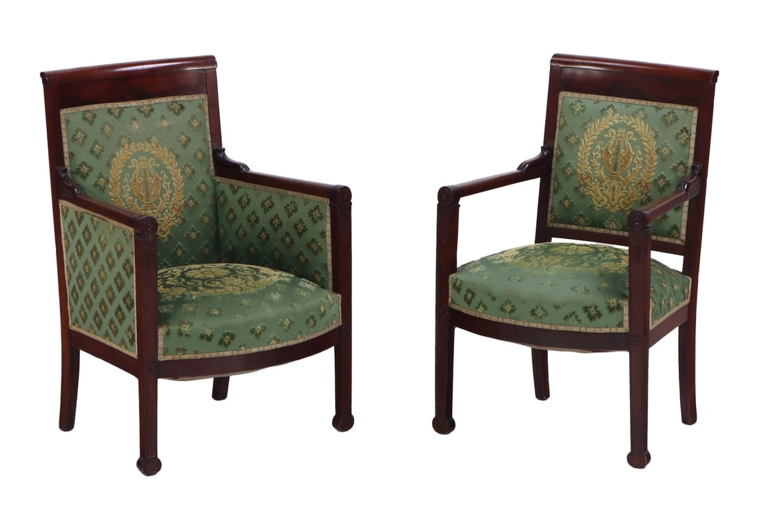 NINETEENTH CENTURY FRENCH EMPIRE MAHOGANY OPEN AND CLOSED ARM CHAIRS IN RECENT FABRIC, RESTORED AND: Nineteenth century French empire mahogany open and closed arm chairs in recent fabric, Restored and in near mint condition. Ht: 35" Wd: 24.5" Dpth: 23.5" Seat: 16.5" Ht: 35" Wd: 22.5" Dpth: 22" Seat: