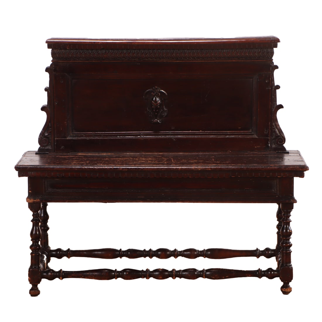 EIGHTEENTH CENTURY ITALIAN WALNUT LIFT LID BENCH WITH BACK SPLASH HAVING TURNED ELEMENTS.: Eighteenth century Italian walnut lift lid bench with back splash having turned elements. Ht: 37.5" Wd: 43.5" Dpth: 17"