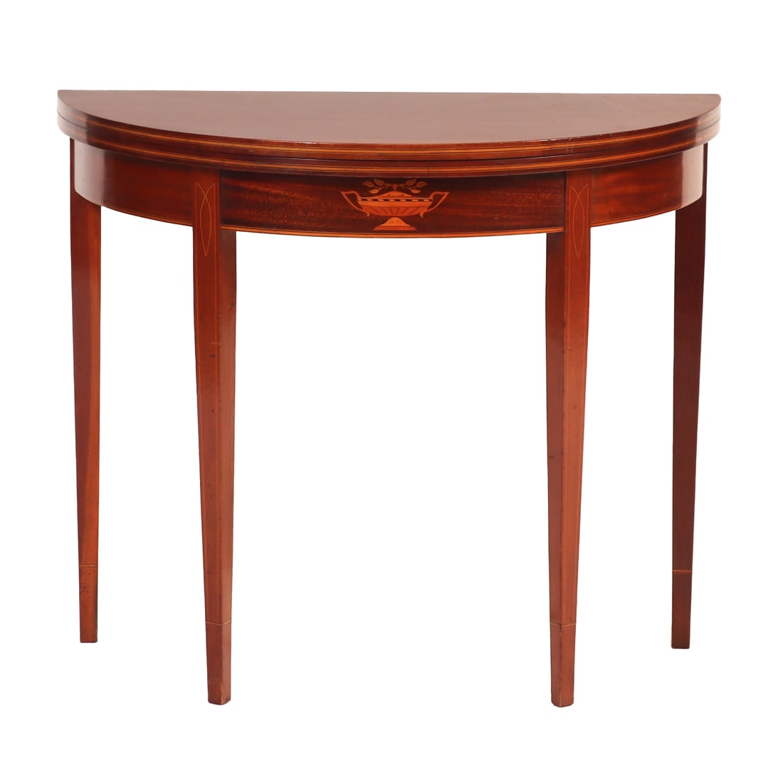 FEDERAL STYLE MAHOGANY FLIP TOP CONSOLE TABLE HAVING URN FORM INLAY C 1940. (1 of 4)