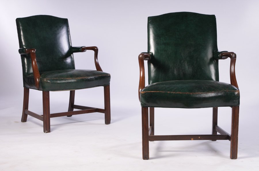 PAIR MAHOGANY KITTINGER OPEN ARMCHAIRS C. 1950: Pair of mahogany Kittinger open armchairs with stretcher base circa 1950. Ensuite with the following lot. Ht: 37" Width: 25" Depth: 24"