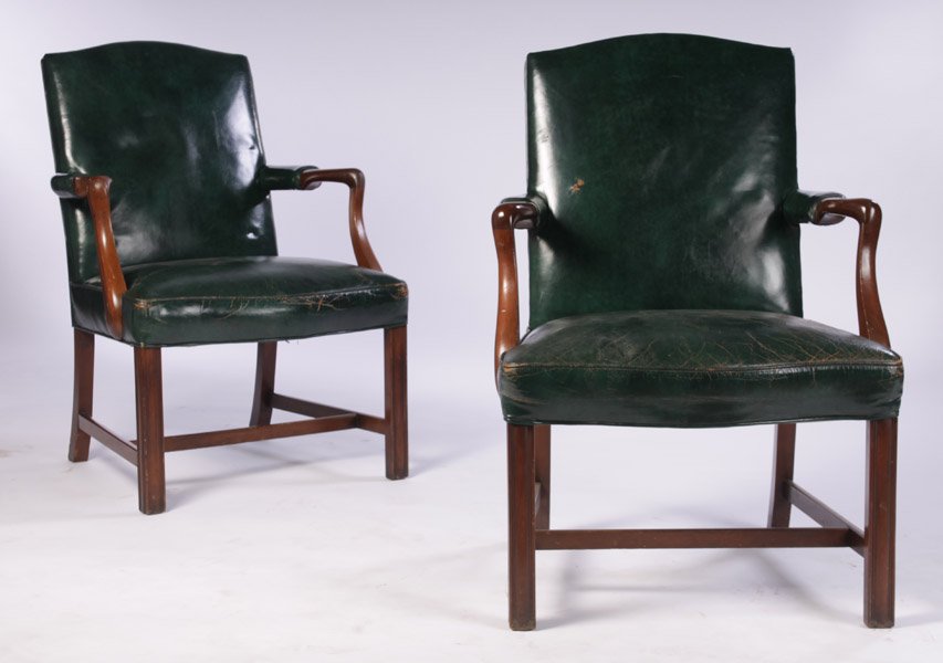 PAIR MAHOGANY KITTINGER OPEN ARMCHAIRS C. 1950: Pair of mahogany Kittinger open armchairs with stretcher base circa 1950. Ensuite with the previous lot. Ht: 37" Width: 25" Depth: 24"