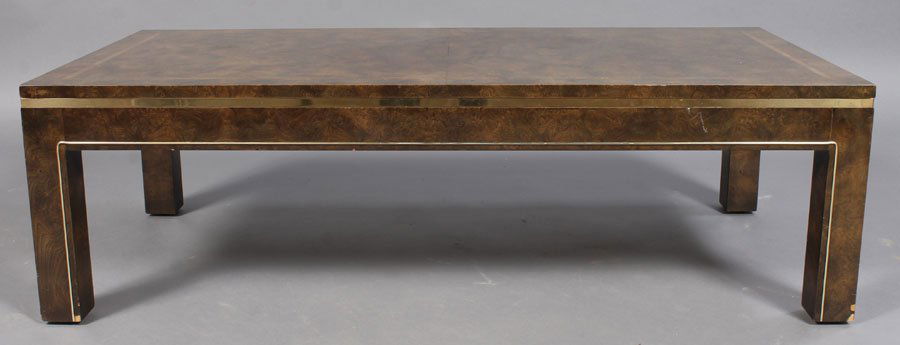 LABELED MASTERCRAFT BURL BRASS COFFEE TABLE: A labeled Mastercraft burl and brass coffee table. Ht: 16.5" Width: 54" Depth: 26"
