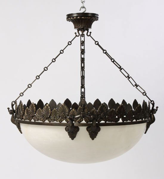 LARGE ART DECO BRONZE IRON DOME LIGHT: A large Art Deco style bronze and iron dome light having large elaborate alabaster shade suspended by decorated ring and chain. Ht: 33.5" Dia: 30.5"