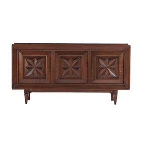FRENCH OAK SIDEBOARD HAVING THREE DOORS WITH GEOMETRIC DESIGN IN THE MANNER OF CHARLES DUDOUYT