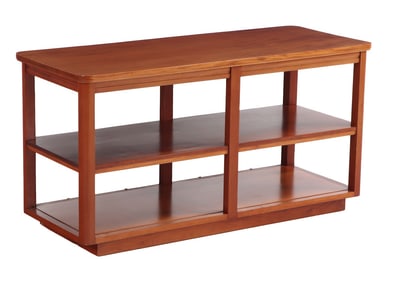 MAHOGANY DRAPERS TABLE HAVING A REMOVEABLE GLASS PANEL ON BACK SIDE. THIS WOULD BE GREAT IN A