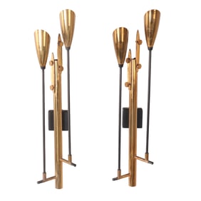 PAIR BRASS DAHLIA STYLE TWO LIGHT WALL SCONCES IN THE MANNER OF FONTANA ARTE C 1950.