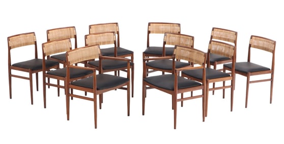 TWELVE DANISH STYLE DINING ROOM CHAIRS C 1950 HAVING CANE BACKS INCLUDING TWO ARM CHAIRS.