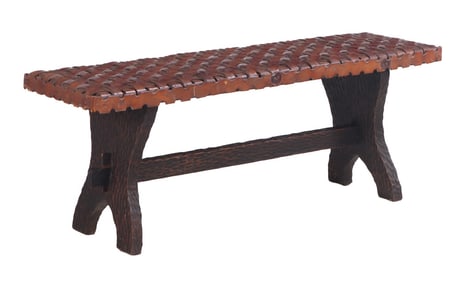 GOUGE CARVED RUSTIC BENCH WITH STRAP WORK LEATHER C 1940.