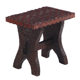 GOUGE CARVED RUSTIC BENCH WITH STRAP WORK LEATHER C 1940.