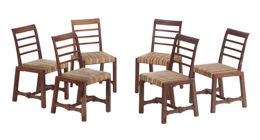 SIX INTERESTING FRENCH CERUSED OAK DINING CHAIRS WITH CANTED BACKS C 1940.