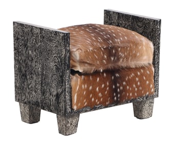 DARK CERUSED OAK BENCH COVERED IN DEER HIDE IN THE MANNER OF JEAN-MICHEL FRANK.