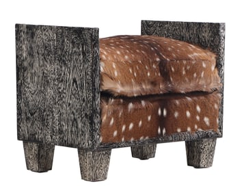 DARK CERUSED OAK BENCH COVERED IN DEER HIDE IN THE MANNER OF JEAN-MICHEL FRANK.