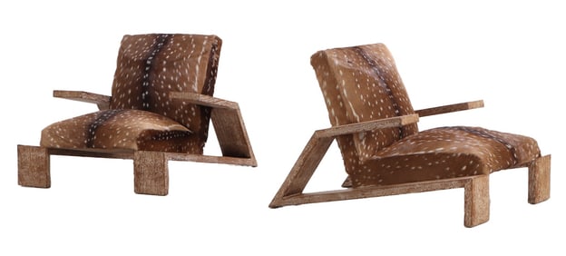 PAIR OF CERUSED OAK AND DEER HIDE LOUNGE CHAIRS. THIS CHAIR WAS ORIGINALY DESIGNED BY JEAN-MICHEL