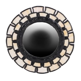 VINTAGE GLASS AND BLACK RESIN MIRROR IN THE MANNER OF LINE VAUTRIN.