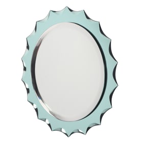 ROUND ITALIAN MIRROR C 1950 HAVING A PALE GREEN TINTED BORDER WITH SCALLOP DESIGN C 1950.
