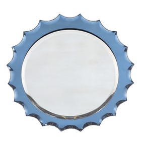 ROUND ITALIAN MIRROR C 1950 HAVING A BLUE TINTED BORDER WITH SCALLOP DESIGN C 1950.