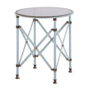 BLUE IRON AND BRONZE MOUNTED TABLE HAVING A GLASS TOP WITH A BLUE TINT C 1960.