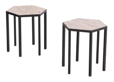 PETITE PAIR OF FRENCH PAINTED IRON HEXAGONAL TRAVERINE DRINKS TABLES C 1960.