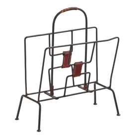 IRON AND LEATHER MAGAZINE HOLDER ATTRIBUTED TO JAQUES ADNET C 1940.