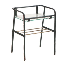 A LEATHER WRAPPED, GLASS AND BRASS TABLE BY JACQUES ADNET C 1940.