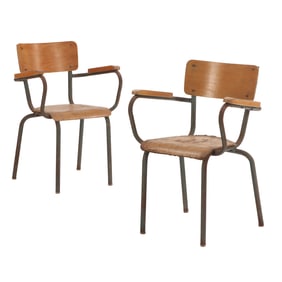 PAIR OF FRENCH IRON AND WOOD ARM CHAIRS C 1950 IN THE MANNER OF JEAN PROUVE.