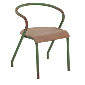 PETITE FRENCH IRON AND WOOD ARM CHAIR C 1950 IN THE MANNER OF JEAN PROUVE