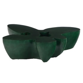 A LARGE BIOMORPHIC BURLWOOD COFFEE TABLE WITH A GREEN TINT.