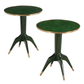 PAIR OF BURL WOOD DRINKS TABLES HAVING A GREEN TINTED FINISH AND FOUR LEGS.