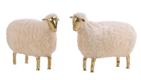 ONE OF TWO FIGURES OF A SHEEP HAVING BRASS HEAD AND FEET UPHOLSTERED IN FAUX SHEEP SKIN