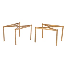 PAIR OF ARCHITECTURAL BRONZE AND GLASS END TABLES (OR COFFEE TABLE) C 1960. LACKING GLASS.