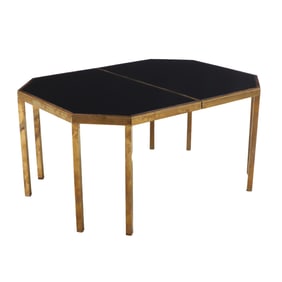BRASS AND BLACK GLASS DINING TABLE ATTRIBUTED TO WILLY RIZZO C 1970 HAVING TWO BRASS AND BLACK
