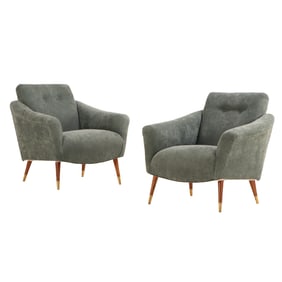 A SWANKY PAIR OF LOUNGE CHAIRS C 1955 HAVING NEW FABRIC AND GREAT LINES.