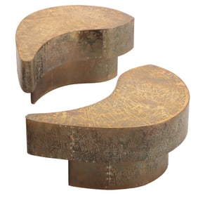 RARE PAIR OF CRESCENT SHAPED ACID ETCHED BRASS END TABLES OR CAN BE USED WITH A GLASS TOP AS A